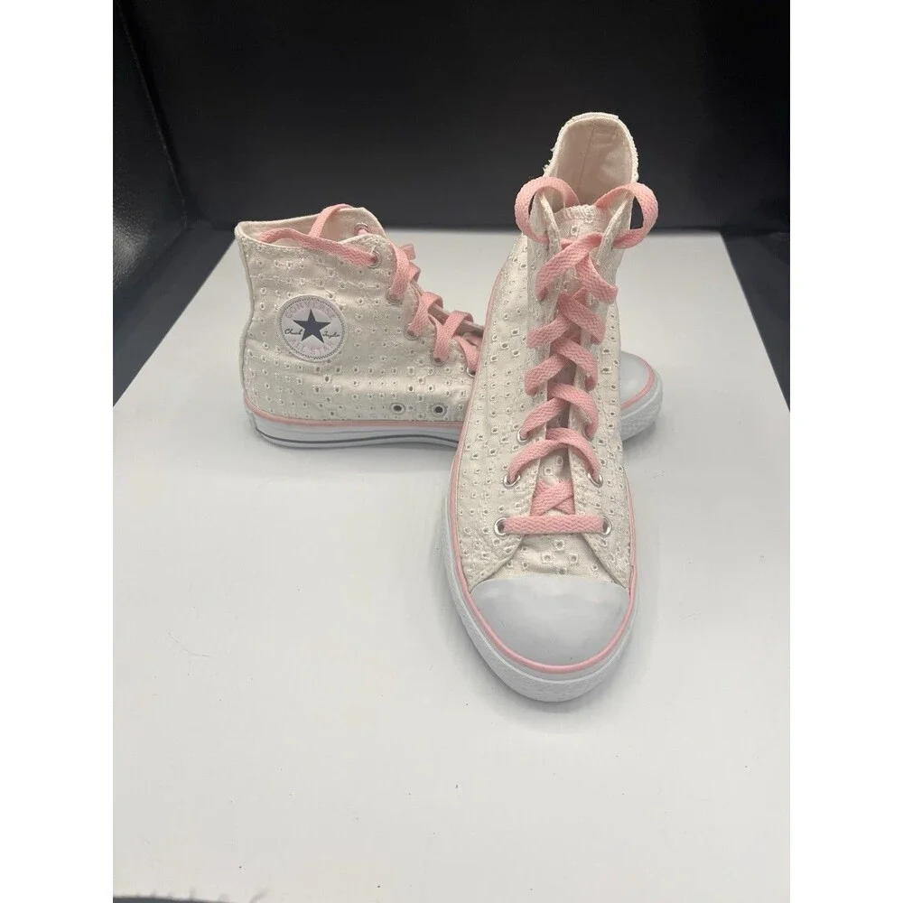 Converse Chuck Taylor Eyelet High Top Sneakers Youth 5 Women’s 7 Pink/White EUC
